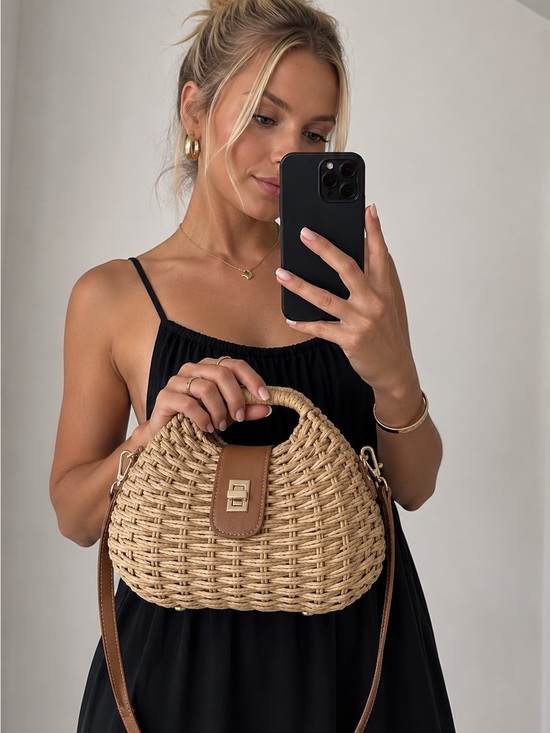 the urban luxe Handbags - Positano Woven Crossbody straw Bag
 with Leather Trim - Natural